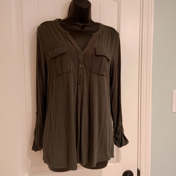 a new day army green front button henley top - Picture 2 of 6